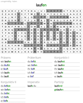 Juego de palabras cruzadas para conjugar verbos alemanes.