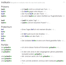Beispielsätze zur Konjugation des deutsche Verbs laufen
