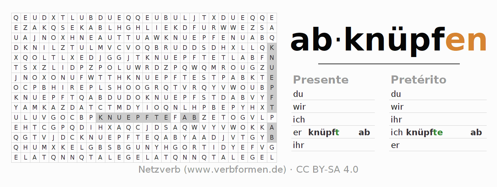 Juego de palabras cruzadas para la conjugación del verbo abknüpfen