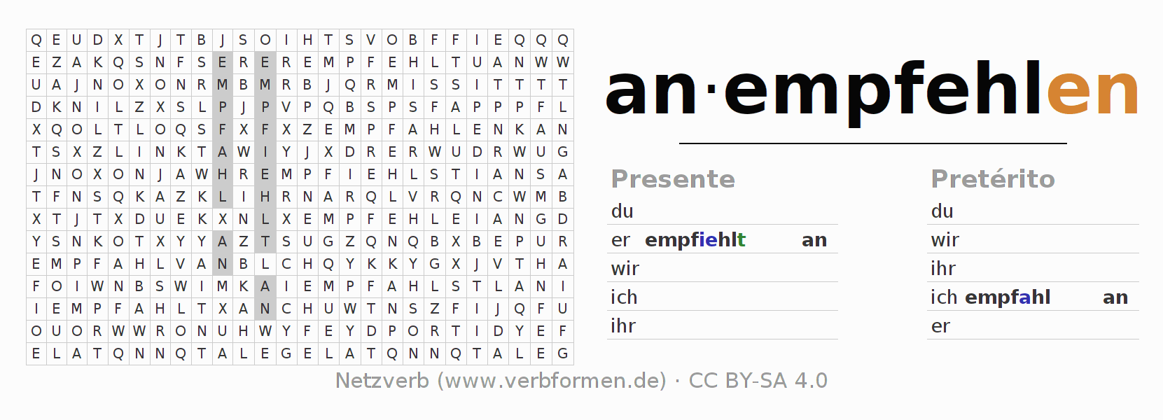 Juego de palabras cruzadas para la conjugación del verbo an-empfehlen
