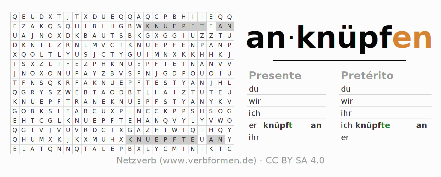 Juego de palabras cruzadas para la conjugación del verbo anknüpfen