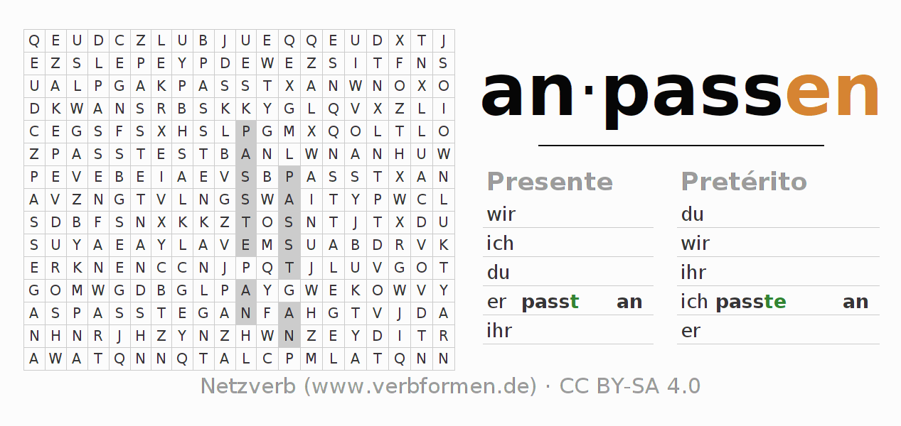 Juego de palabras cruzadas para la conjugación del verbo anpassen