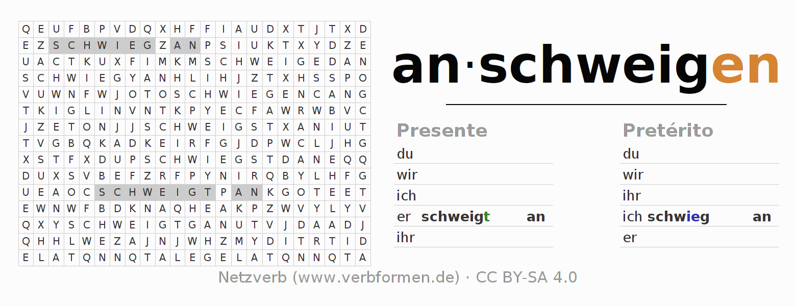 Juego de palabras cruzadas para la conjugación del verbo anschweigen