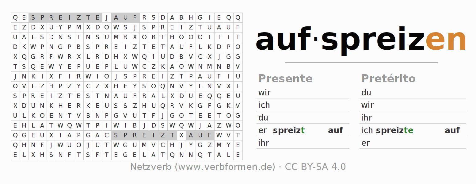 Juego de palabras cruzadas para la conjugación del verbo aufspreizen