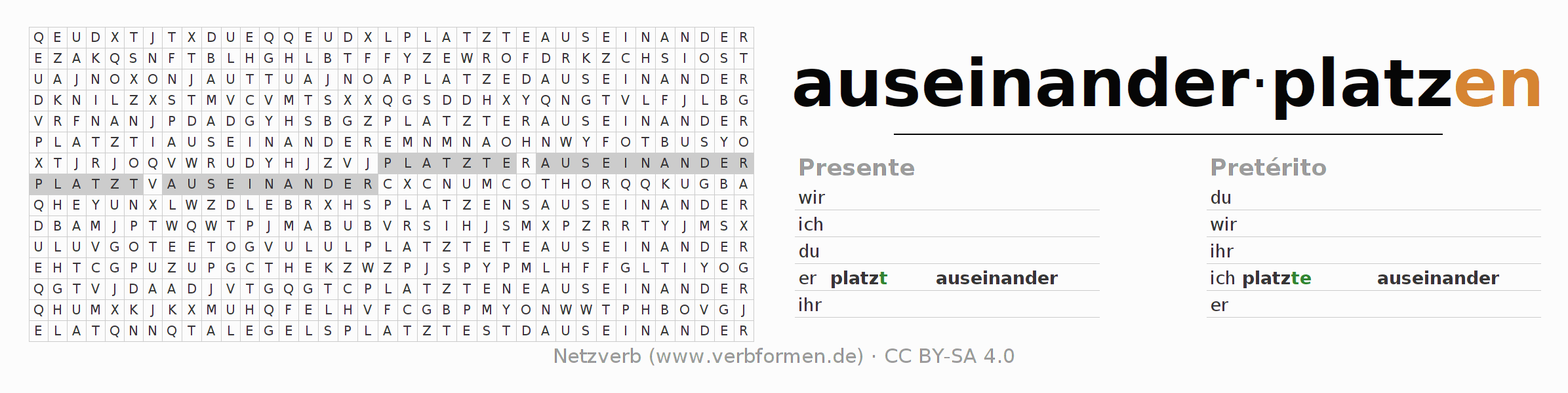 Juego de palabras cruzadas para la conjugación del verbo auseinanderplatzen