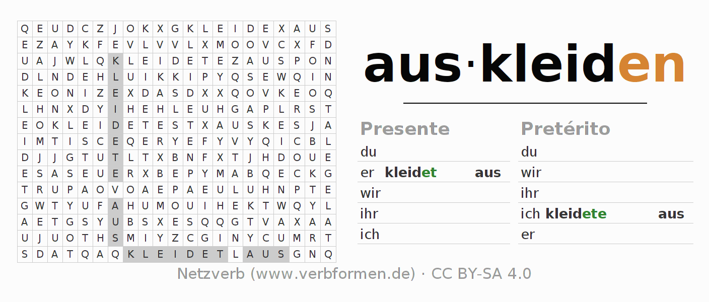 Juego de palabras cruzadas para la conjugación del verbo auskleiden