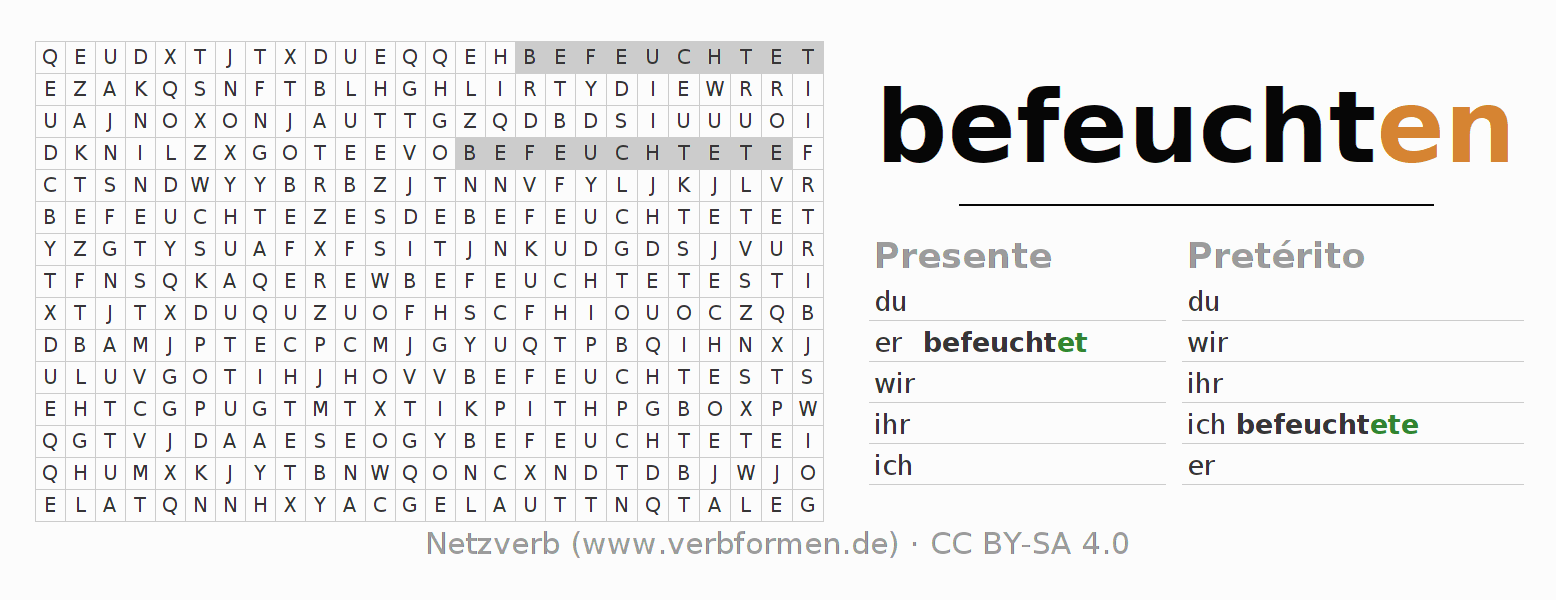 Juego de palabras cruzadas para la conjugación del verbo befeuchten