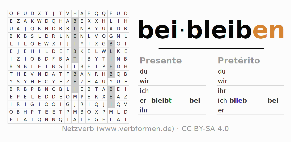 Juego de palabras cruzadas para la conjugación del verbo beibleiben