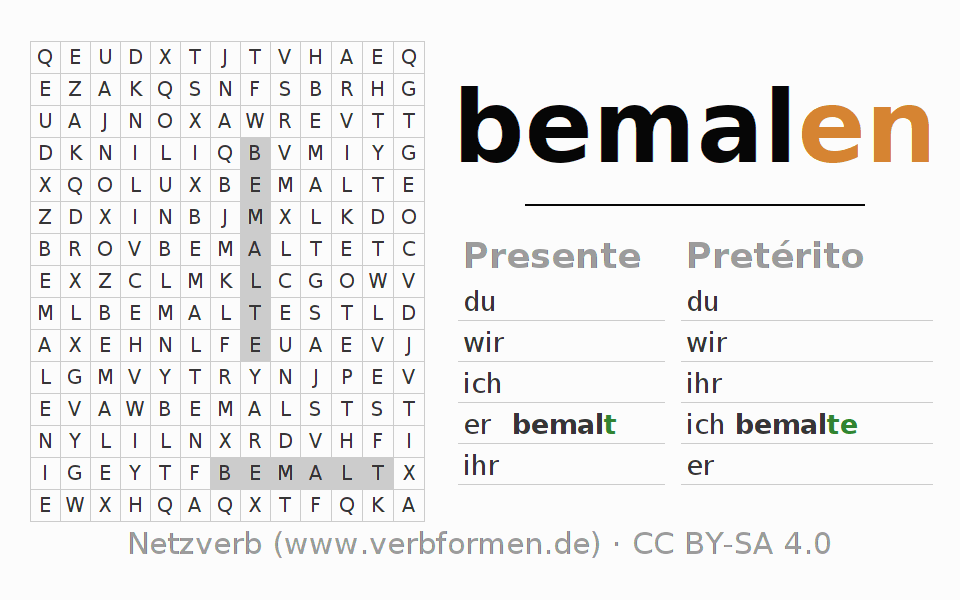 Juego de palabras cruzadas para la conjugación del verbo bemalen