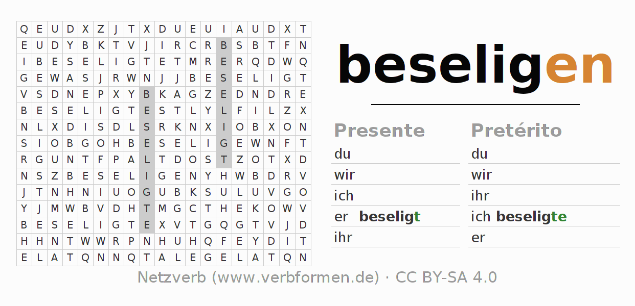 Juego de palabras cruzadas para la conjugación del verbo beseligen