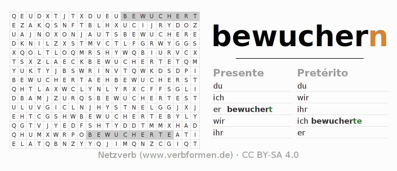 Juego de palabras cruzadas para la conjugación del verbo bewuchern