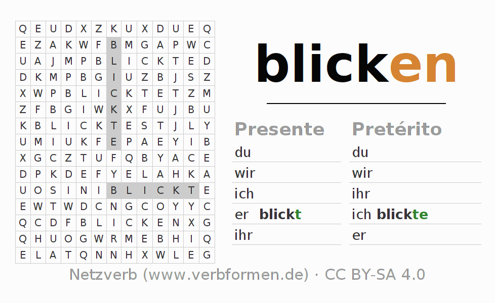 Juego de palabras cruzadas para la conjugación del verbo blicken