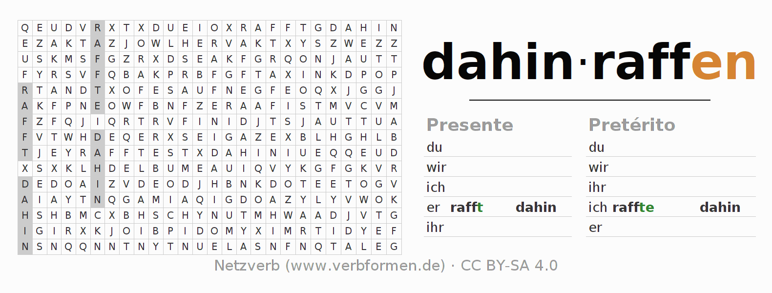 Juego de palabras cruzadas para la conjugación del verbo dahinraffen