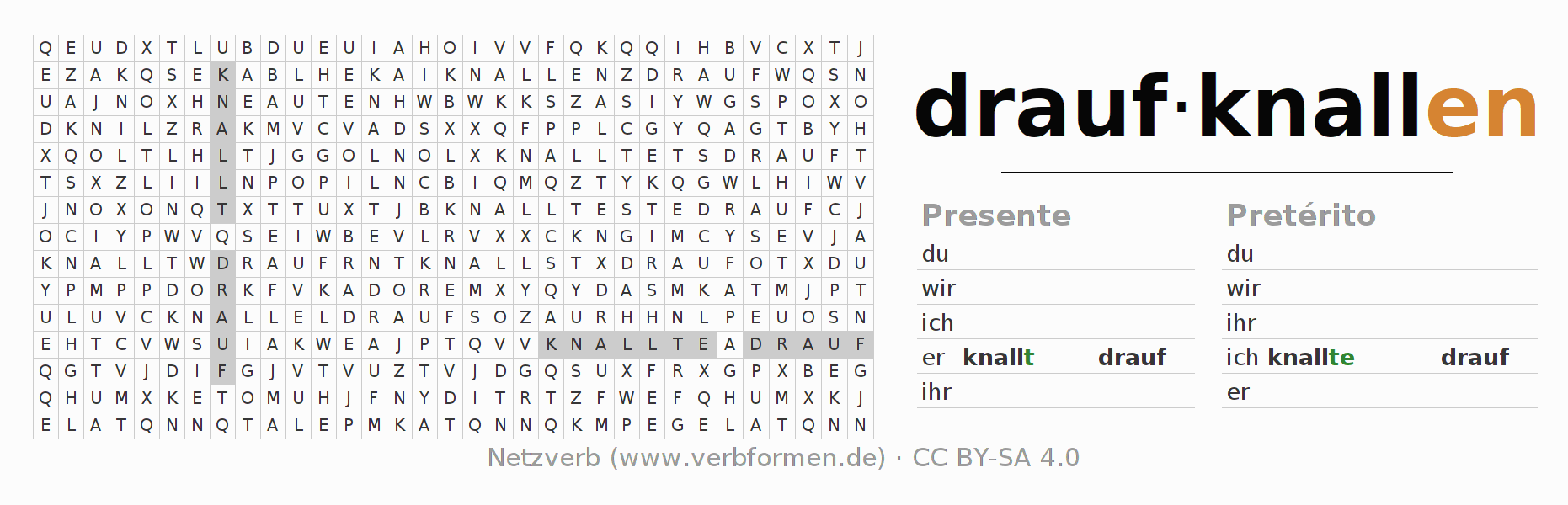 Juego de palabras cruzadas para la conjugación del verbo draufknallen