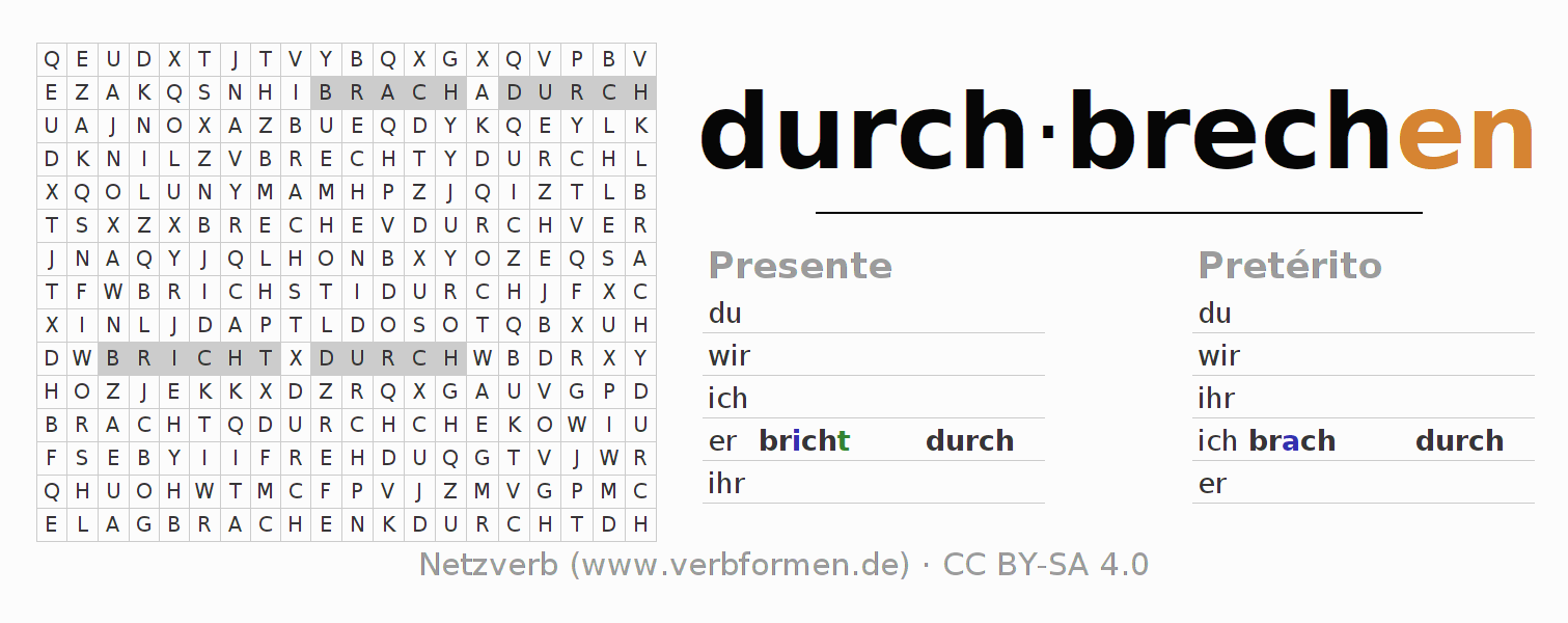 Juego de palabras cruzadas para la conjugación del verbo durch-brechen (ist)