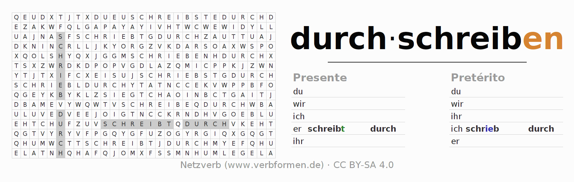 Juego de palabras cruzadas para la conjugación del verbo durchschreiben