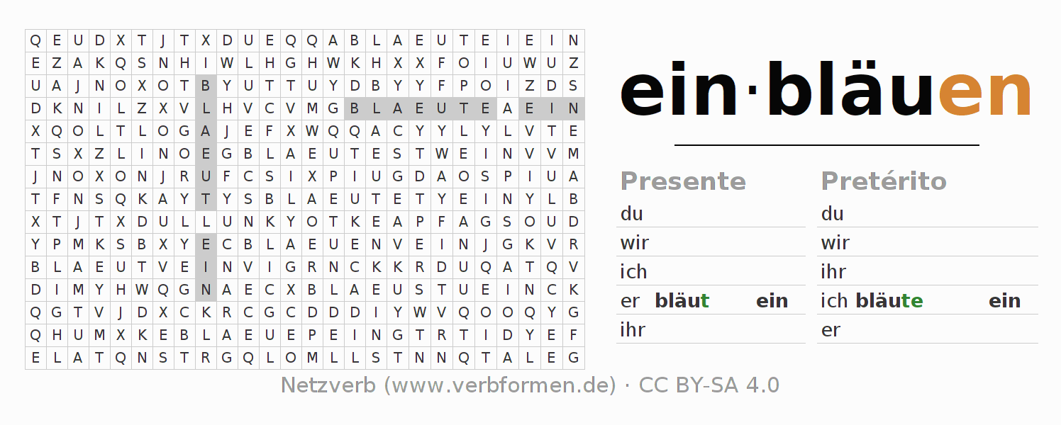 Juego de palabras cruzadas para la conjugación del verbo einbläuen