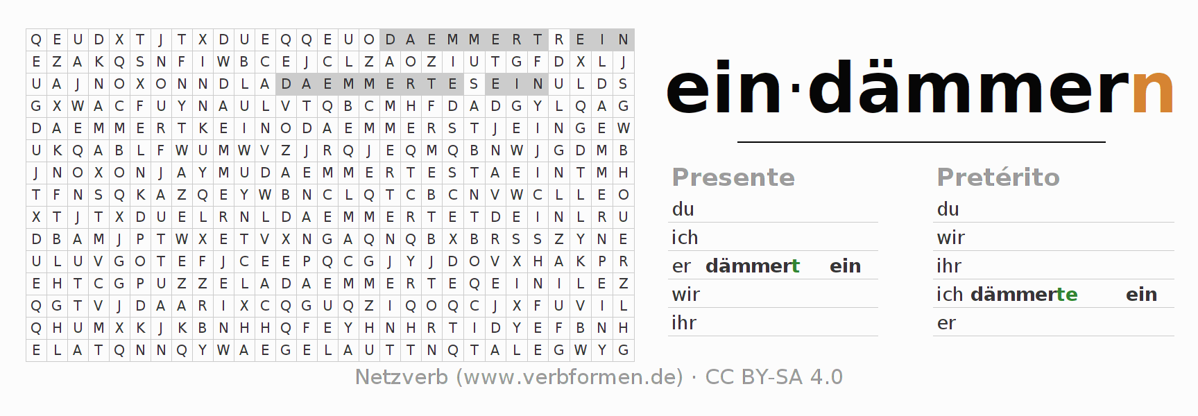 Juego de palabras cruzadas para la conjugación del verbo eindämmern (ist)