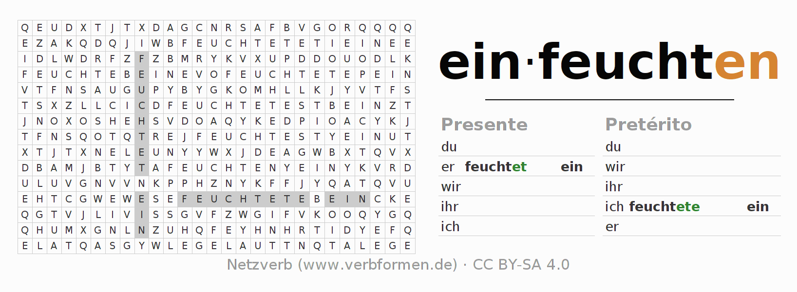 Juego de palabras cruzadas para la conjugación del verbo einfeuchten