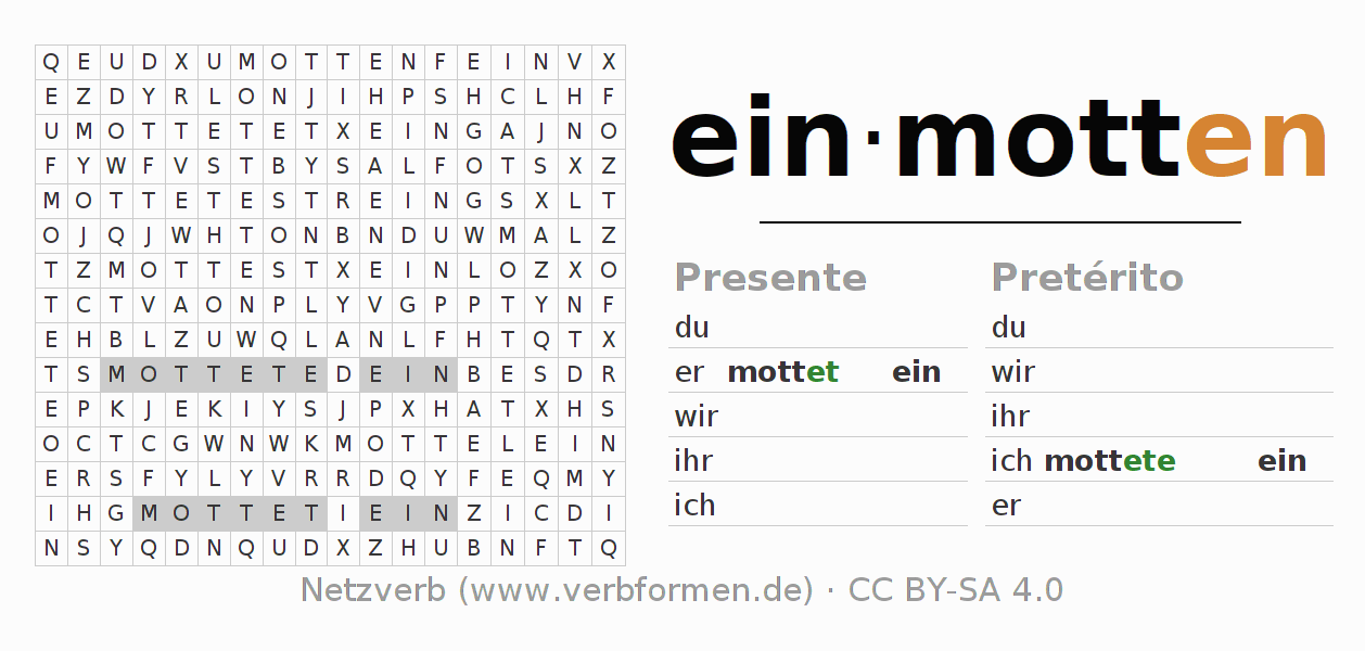 Juego de palabras cruzadas para la conjugación del verbo einmotten