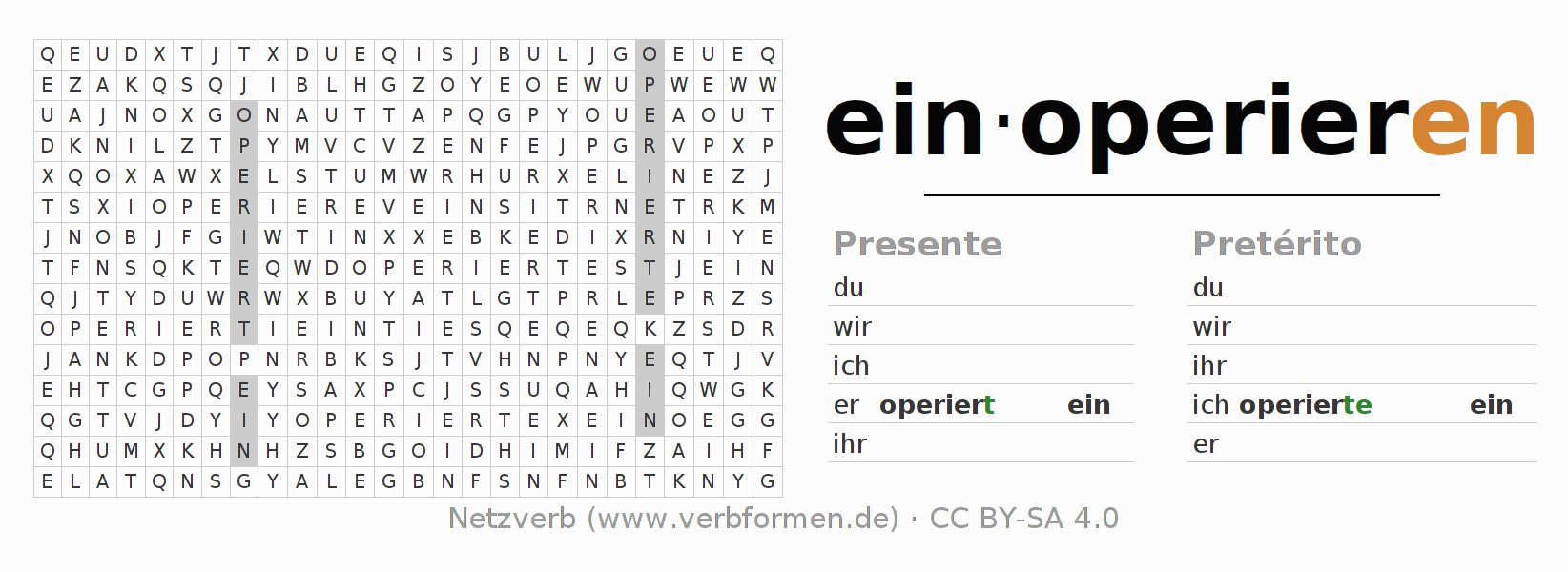 Juego de palabras cruzadas para la conjugación del verbo einoperieren