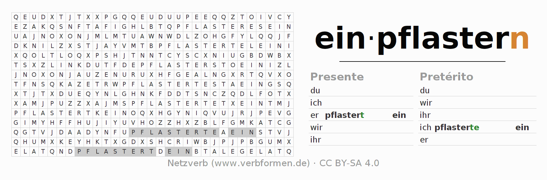 Juego de palabras cruzadas para la conjugación del verbo einpflastern