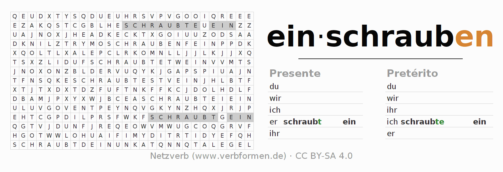 Juego de palabras cruzadas para la conjugación del verbo einschrauben