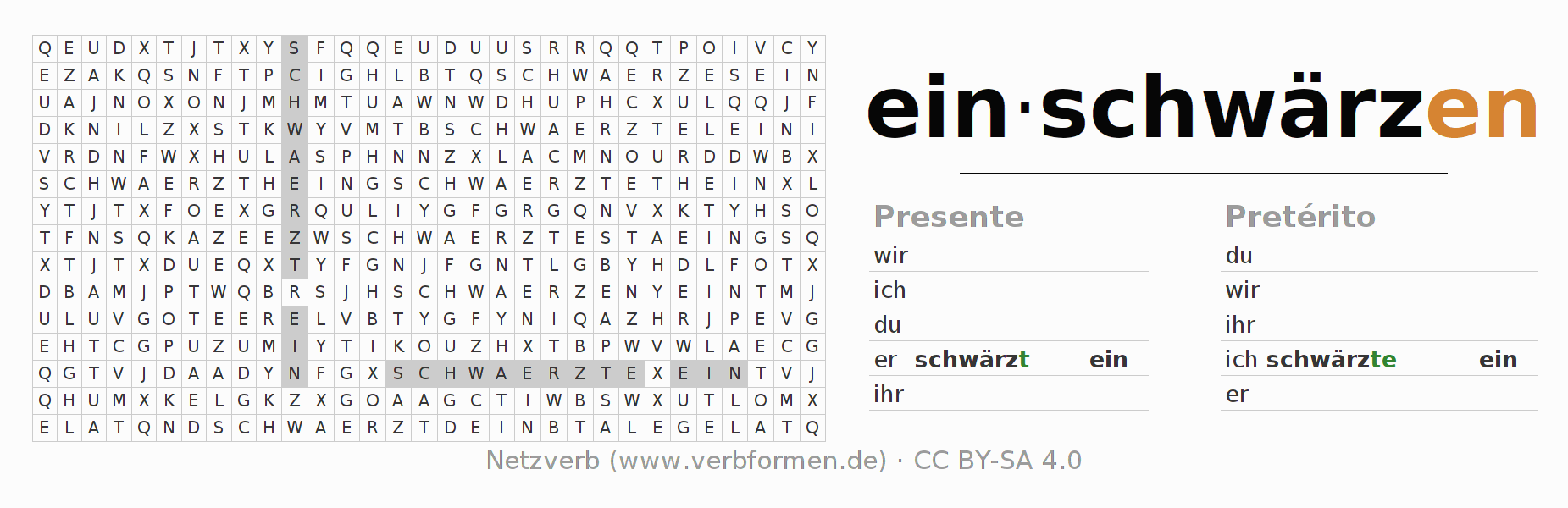 Juego de palabras cruzadas para la conjugación del verbo einschwärzen