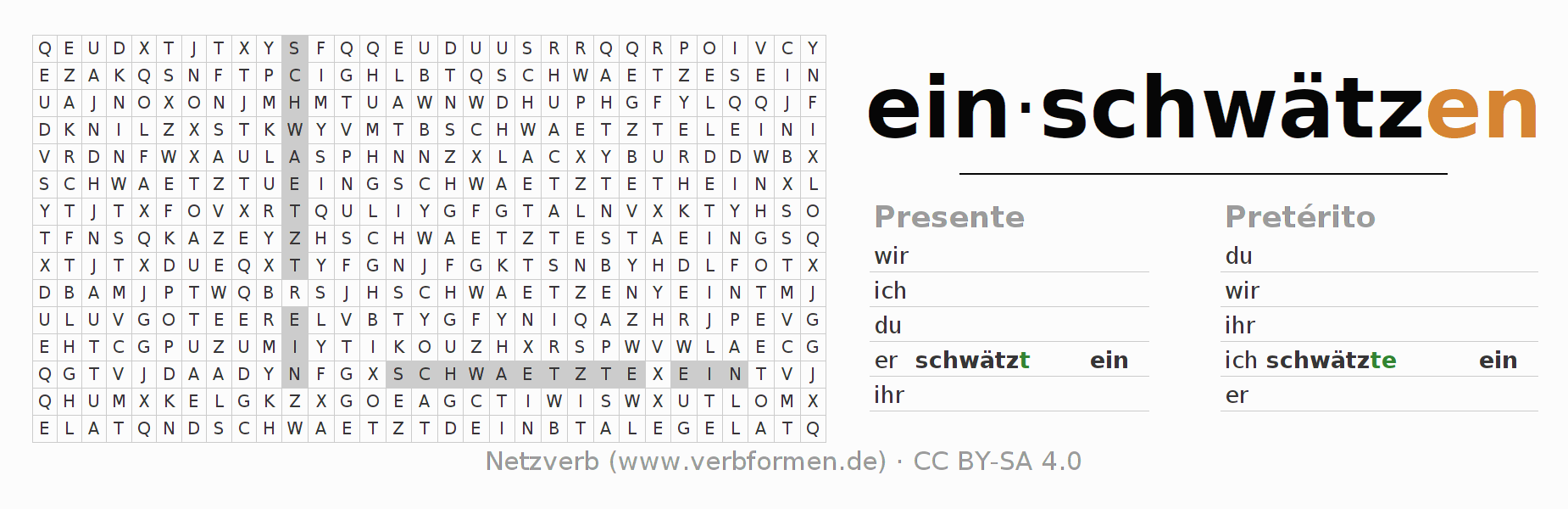 Juego de palabras cruzadas para la conjugación del verbo einschwätzen