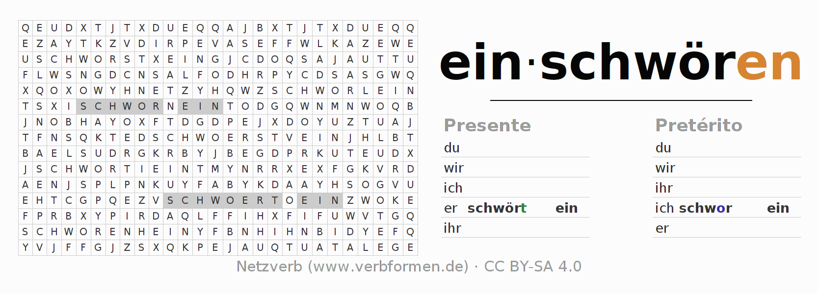 Juego de palabras cruzadas para la conjugación del verbo einschwören
