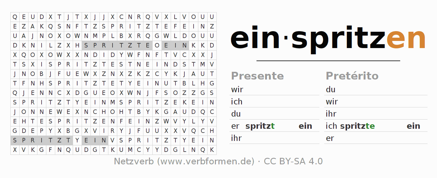 Juego de palabras cruzadas para la conjugación del verbo einspritzen
