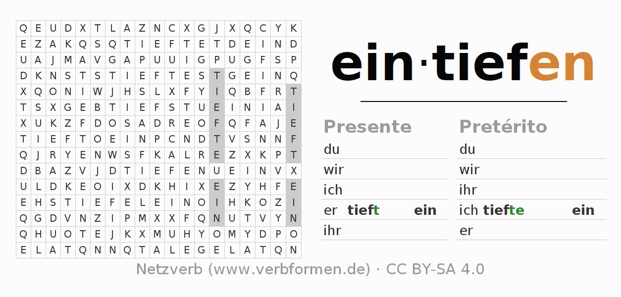 Juego de palabras cruzadas para la conjugación del verbo eintiefen