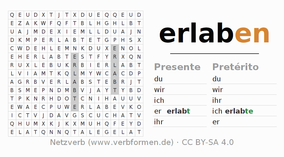 Juego de palabras cruzadas para la conjugación del verbo erlaben