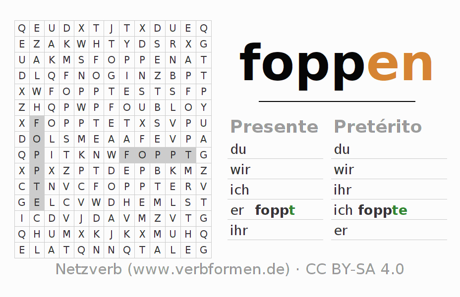 Juego de palabras cruzadas para la conjugación del verbo foppen