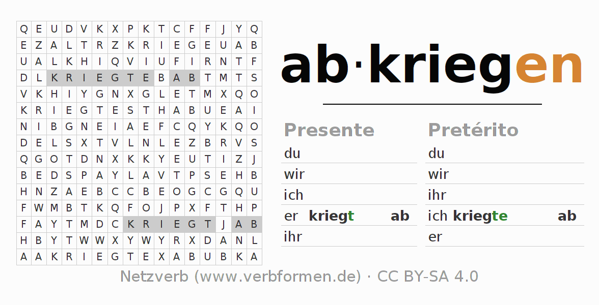 Juego de palabras cruzadas para la conjugación del verbo abkriegen
