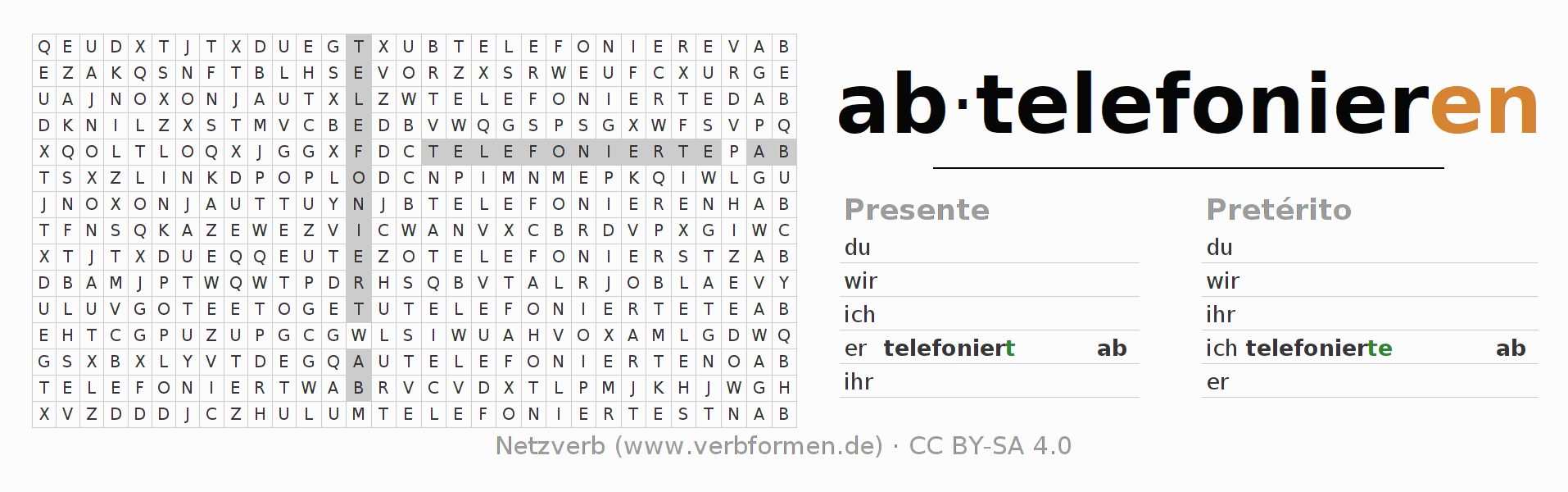 Juego de palabras cruzadas para la conjugación del verbo abtelefonieren