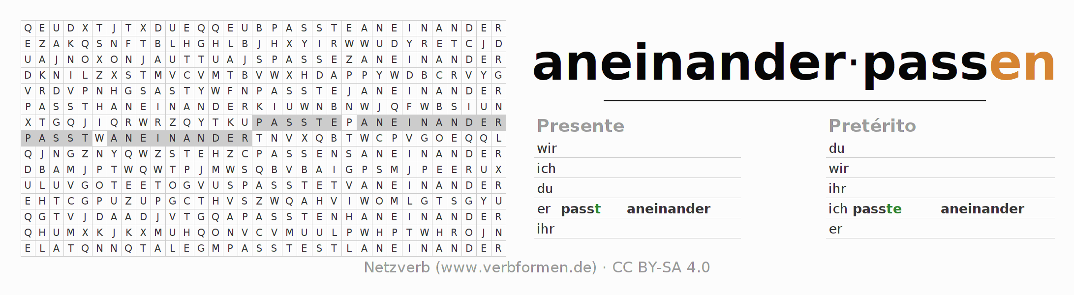 Juego de palabras cruzadas para la conjugación del verbo aneinanderpassen