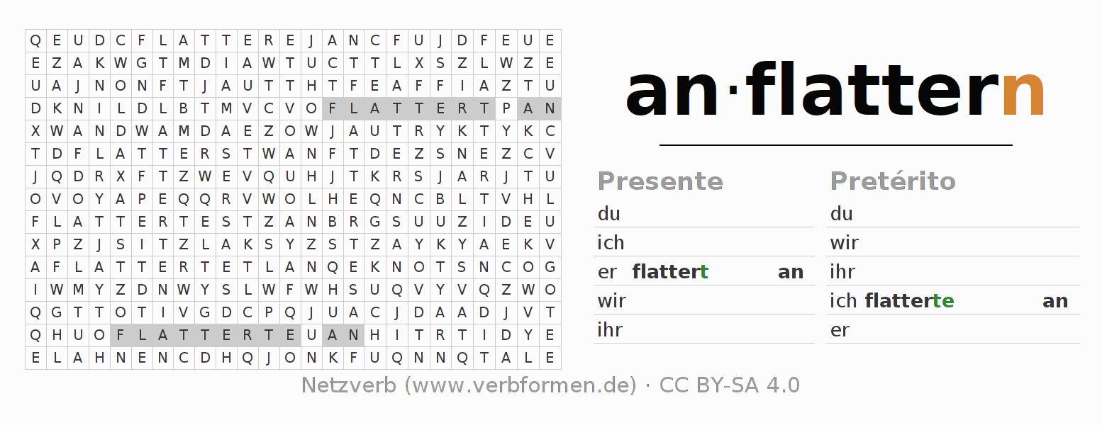 Juego de palabras cruzadas para la conjugación del verbo anflattern
