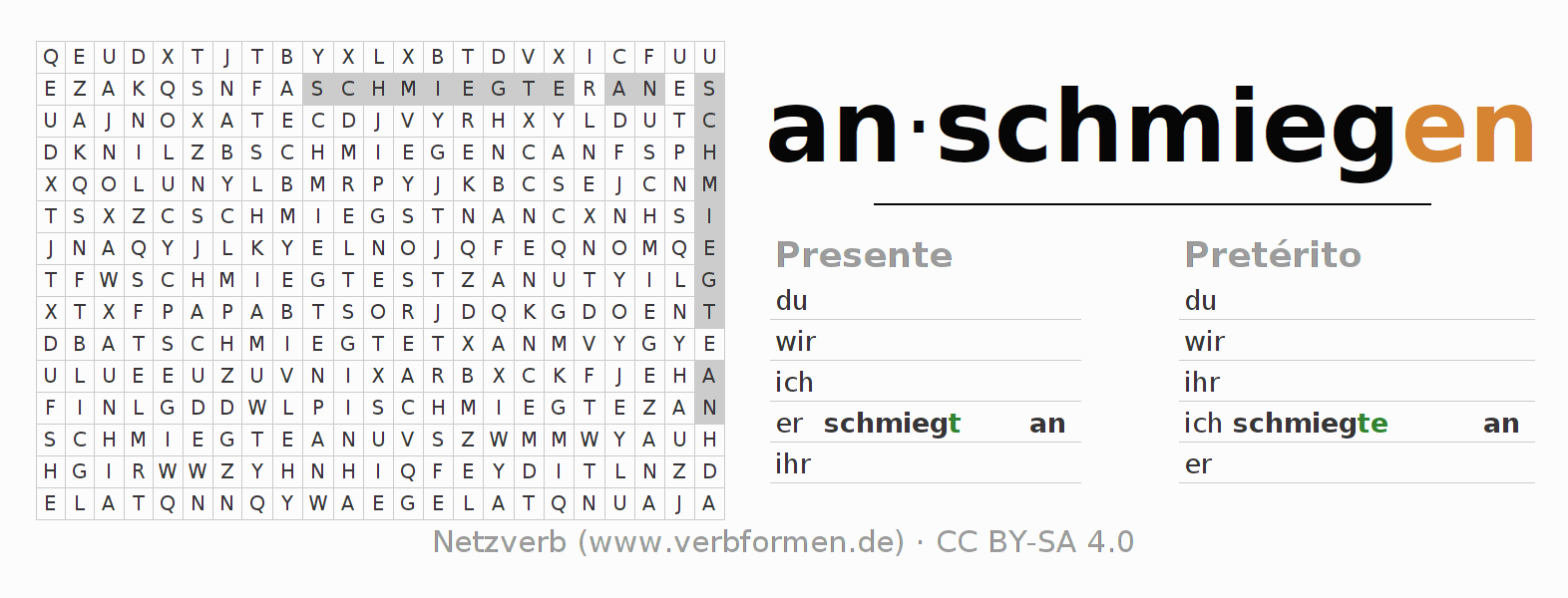 Juego de palabras cruzadas para la conjugación del verbo anschmiegen