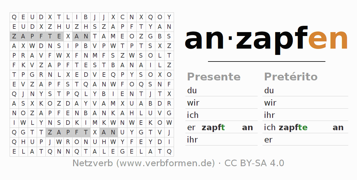 Juego de palabras cruzadas para la conjugación del verbo anzapfen