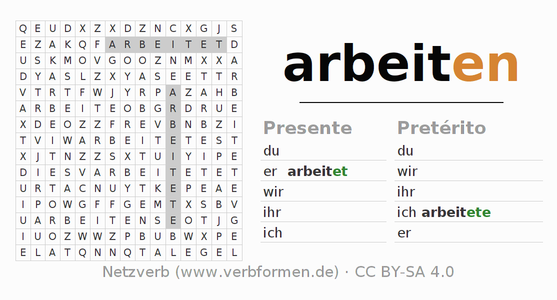 Juego de palabras cruzadas para la conjugación del verbo arbeiten