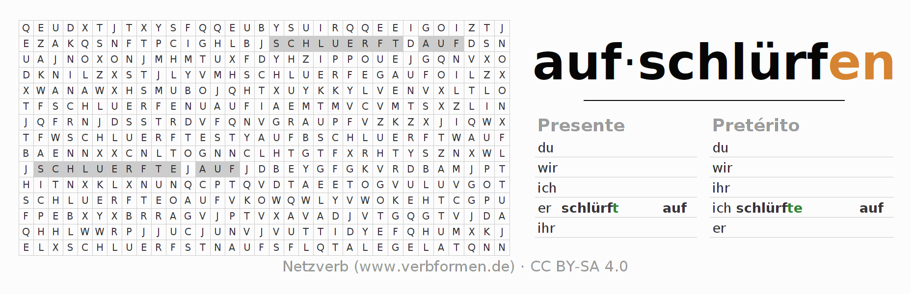 Juego de palabras cruzadas para la conjugación del verbo aufschlürfen