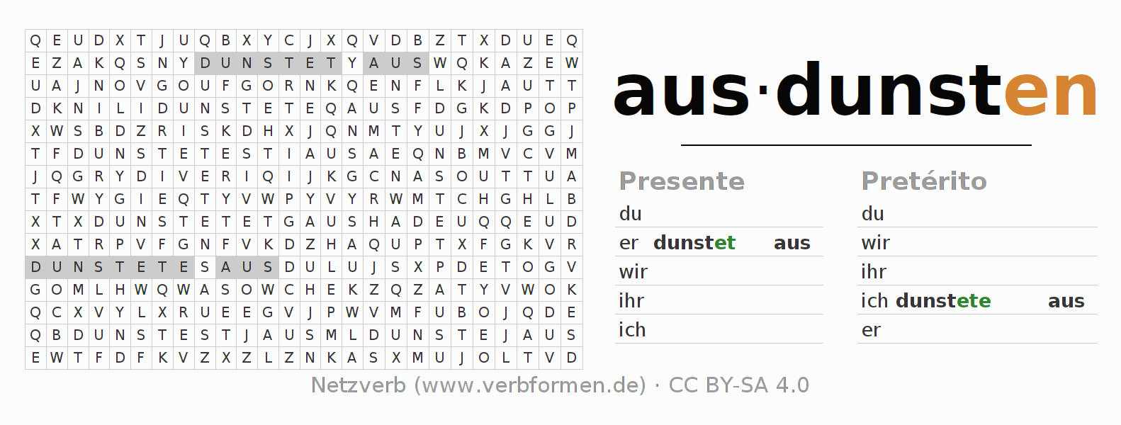 Juego de palabras cruzadas para la conjugación del verbo ausdunsten