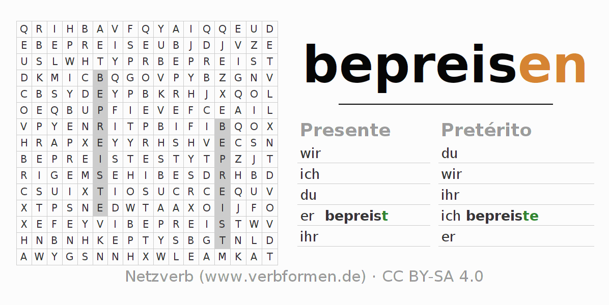 Juego de palabras cruzadas para la conjugación del verbo bepreisen