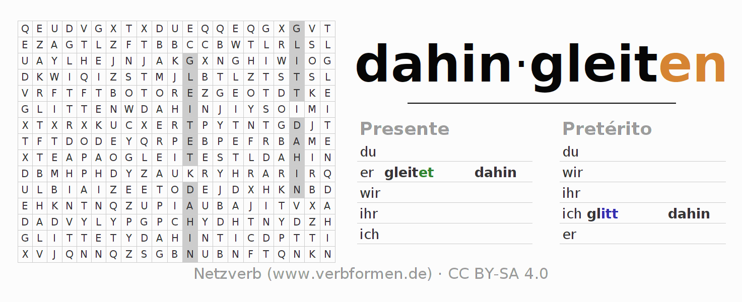 Juego de palabras cruzadas para la conjugación del verbo dahingleiten
