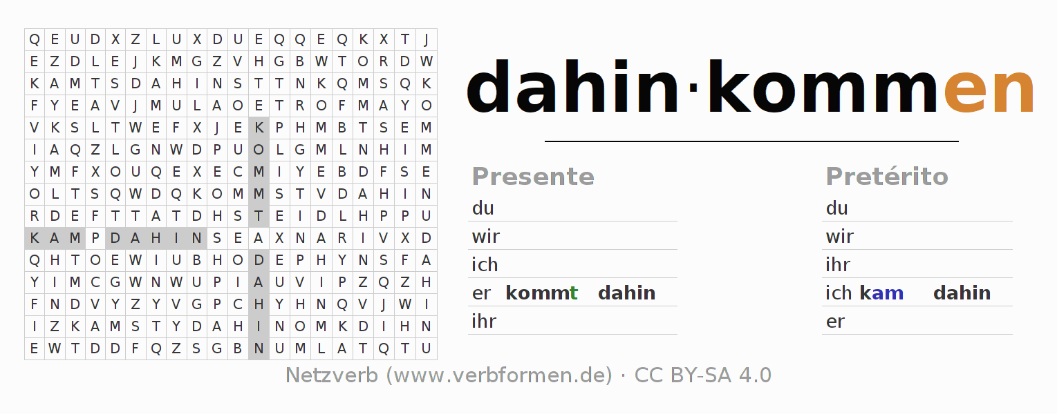 Juego de palabras cruzadas para la conjugación del verbo dahinkommen