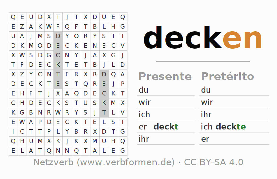 Juego de palabras cruzadas para la conjugación del verbo decken
