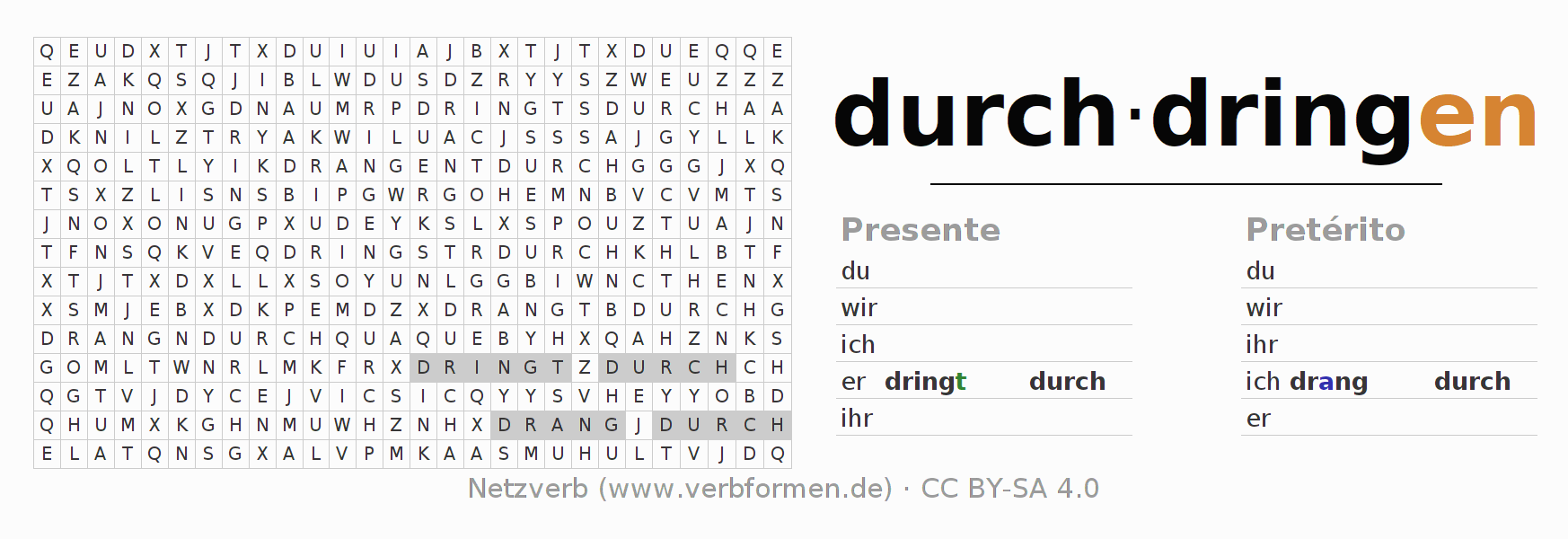 Juego de palabras cruzadas para la conjugación del verbo durch-dringen (ist)