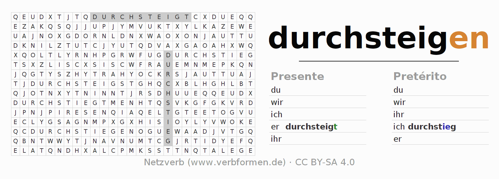 Juego de palabras cruzadas para la conjugación del verbo durchsteigen (hat)