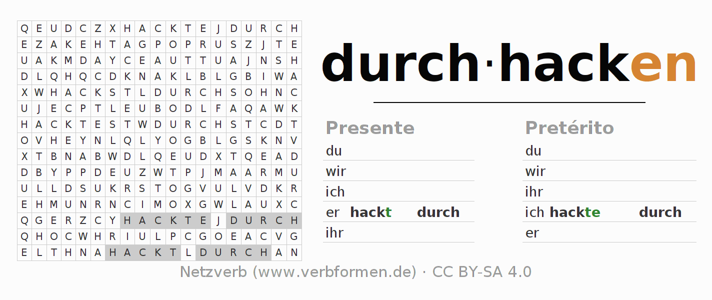 Juego de palabras cruzadas para la conjugación del verbo durchhacken